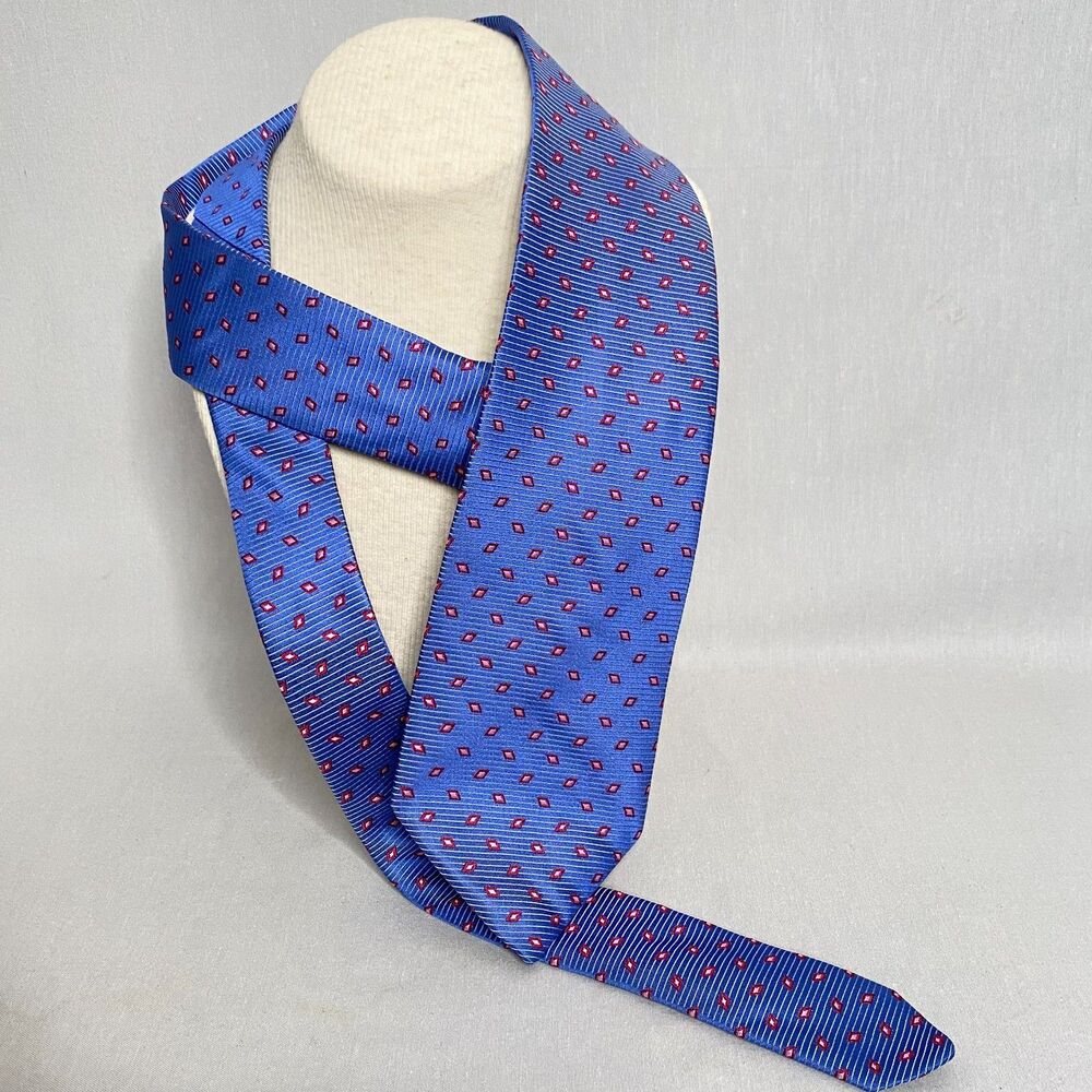 💎Cheltenham Tailored by Tom Jones Necktie Blue Lines Red Diamond Geometric Shape